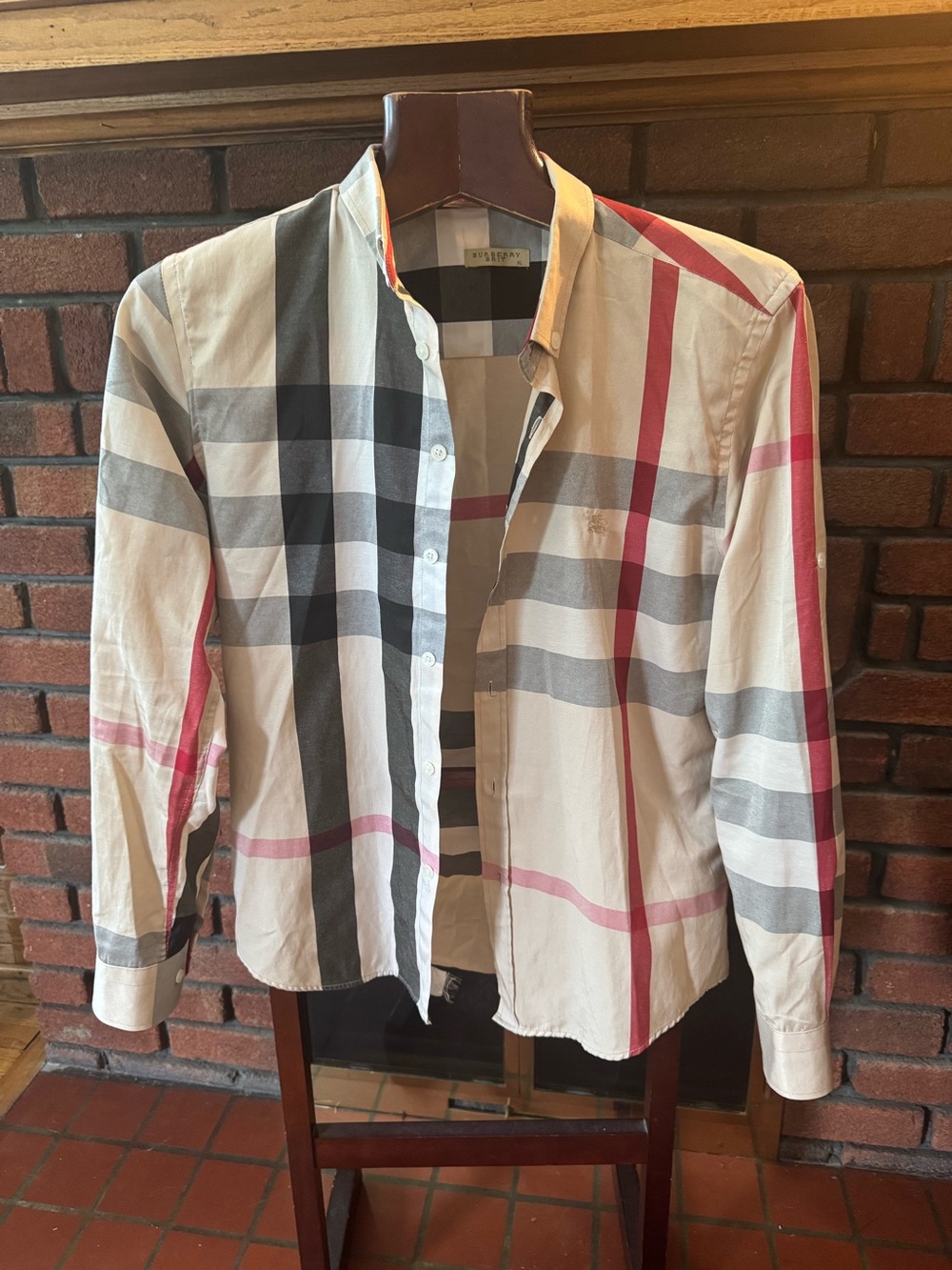 Burberry Men’s Classic Check Button-Up Shirt in Beige, Black & Red size S